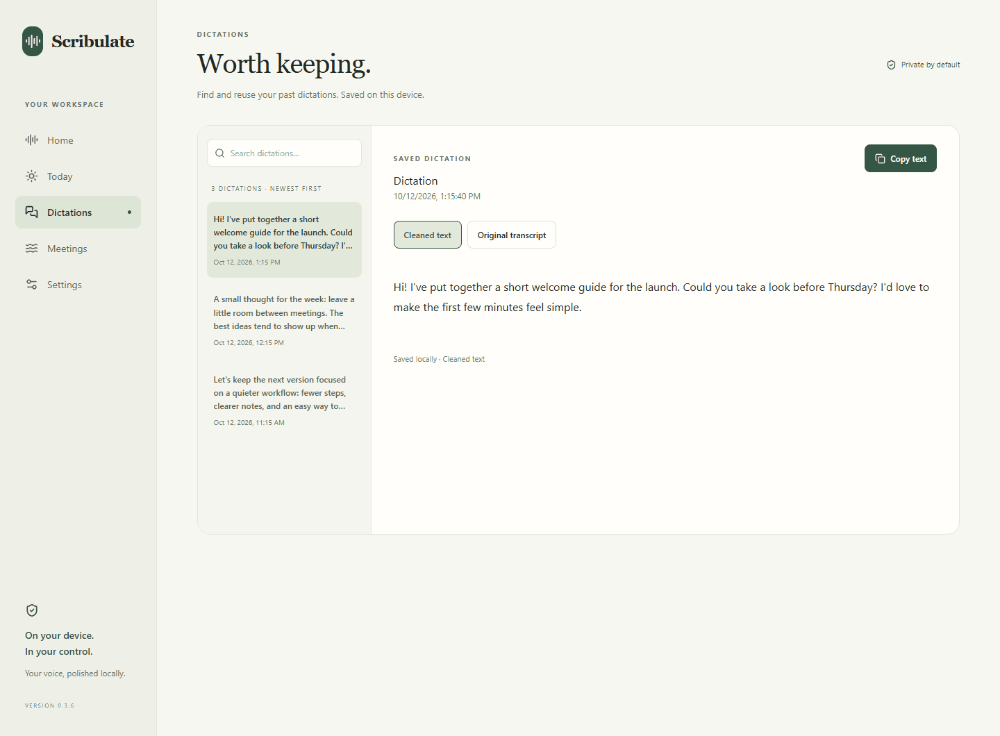 Scribulate Dictations showing searchable saved example dictations with copy controls.