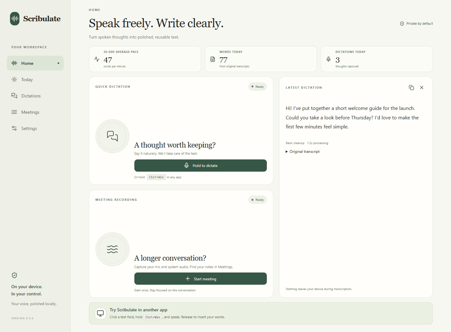 Scribulate Home with dictation statistics, quick dictation, meeting recording, and a saved example dictation.