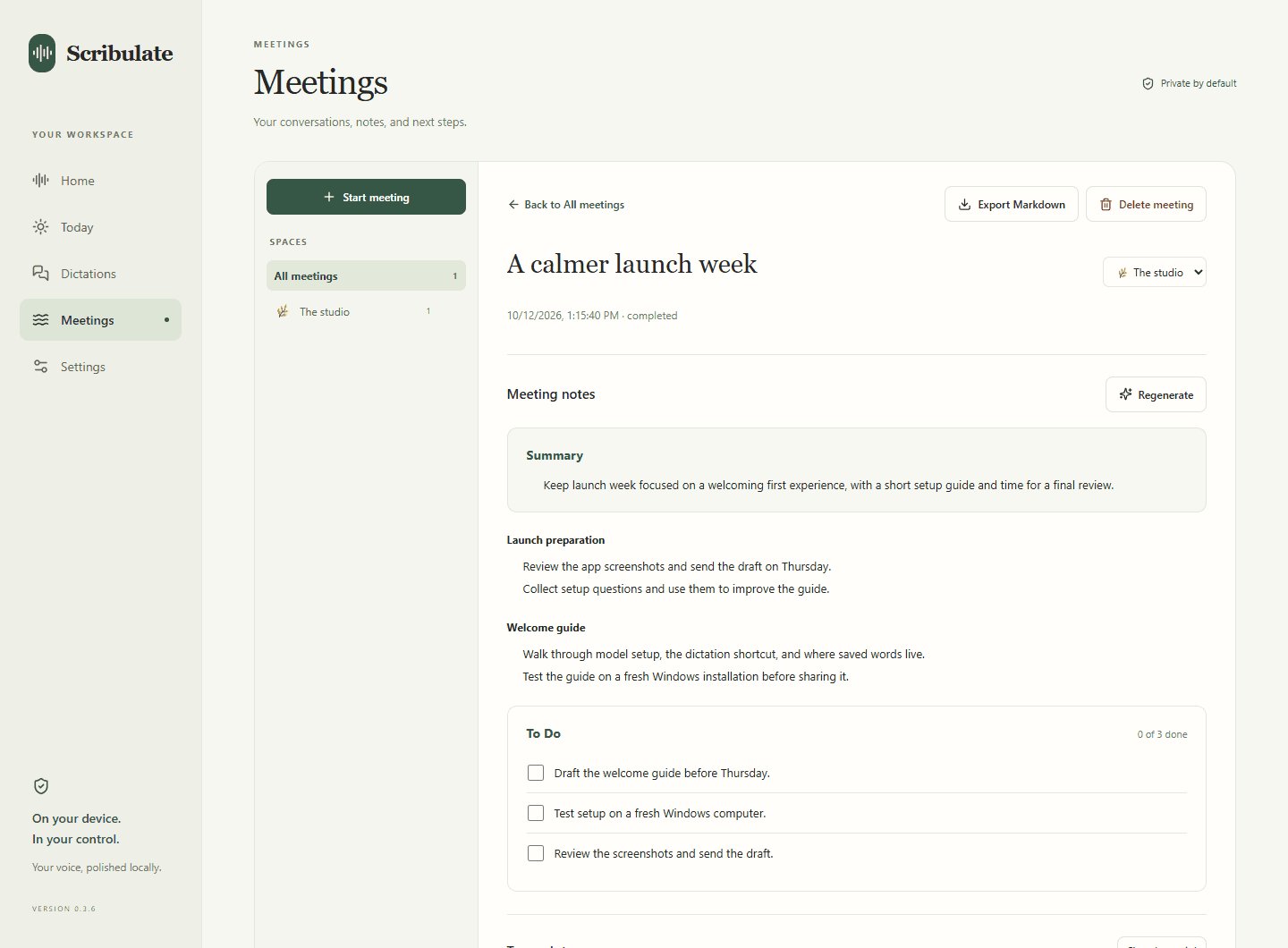 Scribulate Meetings with a named space, topic-based example meeting notes, and a next-step checklist.