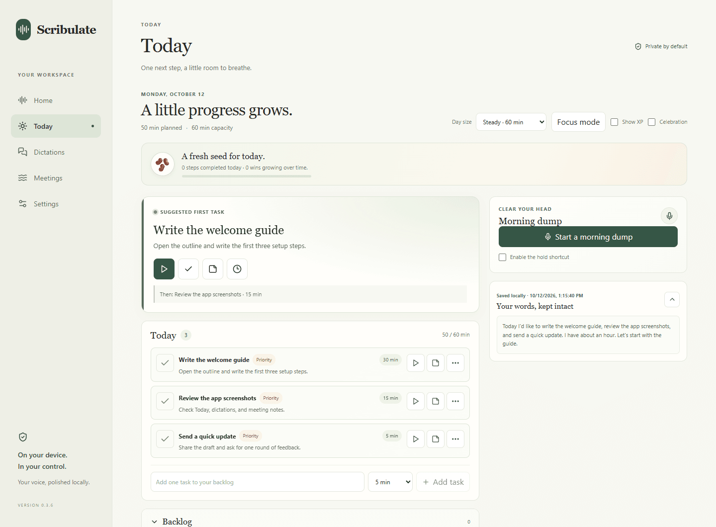 Scribulate Today with a brain dump, an editable daily task plan, time estimates, and focus controls using example tasks.
